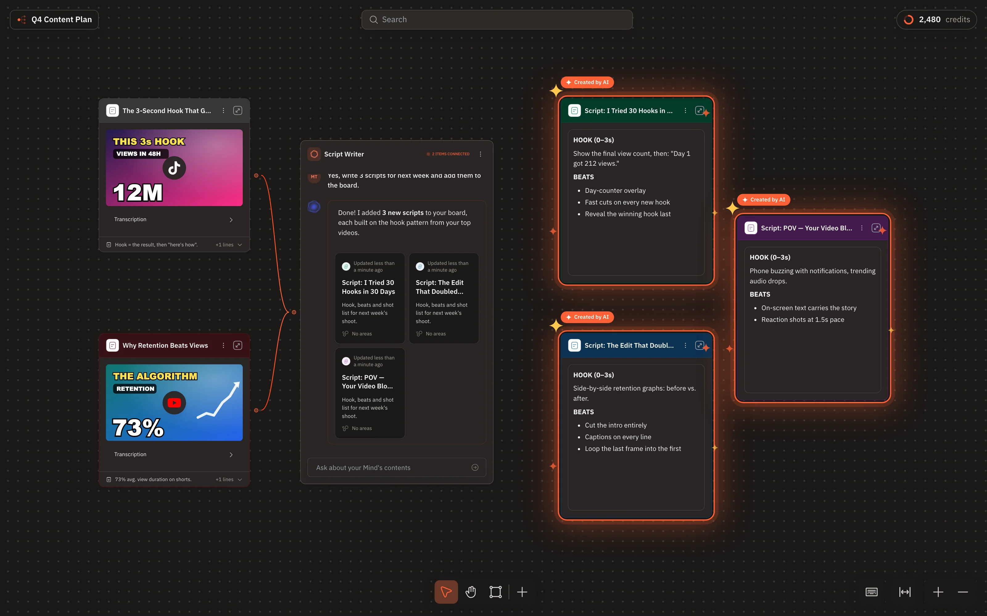 Script Writer agent creating new script nodes directly on the board